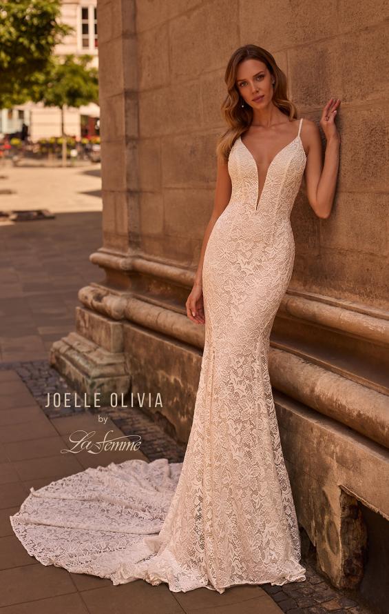 Picture of: Plunge Neck Fitted Lace Wedding Dress with Beaded Straps in IIIII, Style: J2130, Main Picture