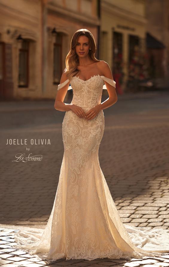 Picture of: Lace Off the Shoulder Wedding Dress with Scalloped Edge Train in IIINI, Style: J2286, Main Picture