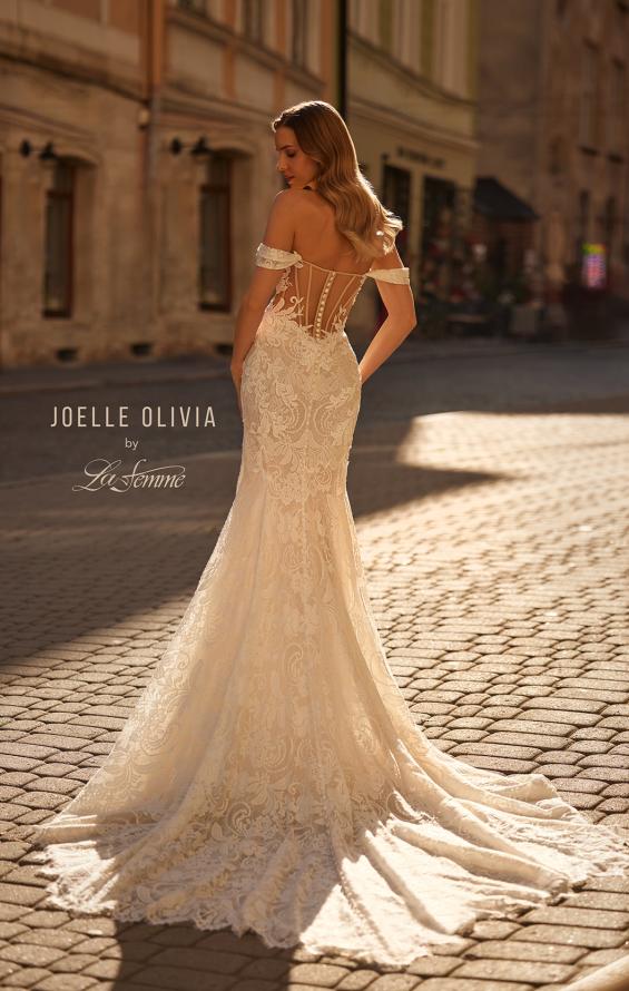 Picture of: Lace Off the Shoulder Wedding Dress with Scalloped Edge Train in IIINI, Style: J2286, Back Picture