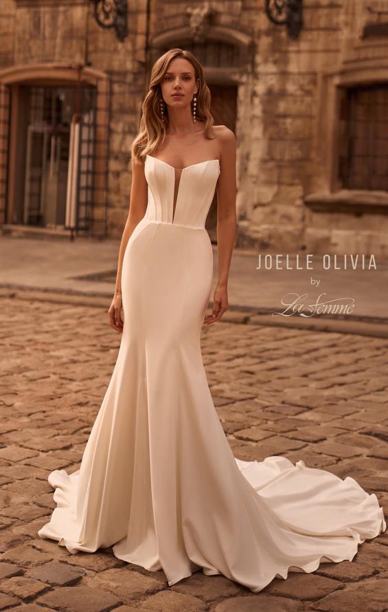 Picture of: Strapless Crepe Jersey Wedding Dress with Exposied Boning and Plunge Neckline in ivory, Style: J2256, Main Picture