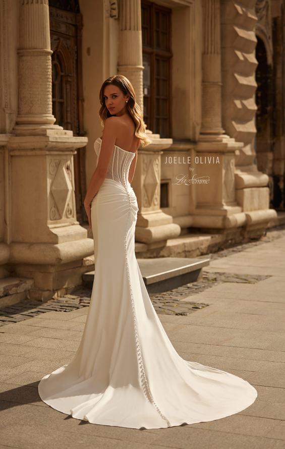 Picture of: Contemporary Wedding Dress with Ruched Corset Bodice and Jersey Skirt in ivory, Style: J2279, Back Picture