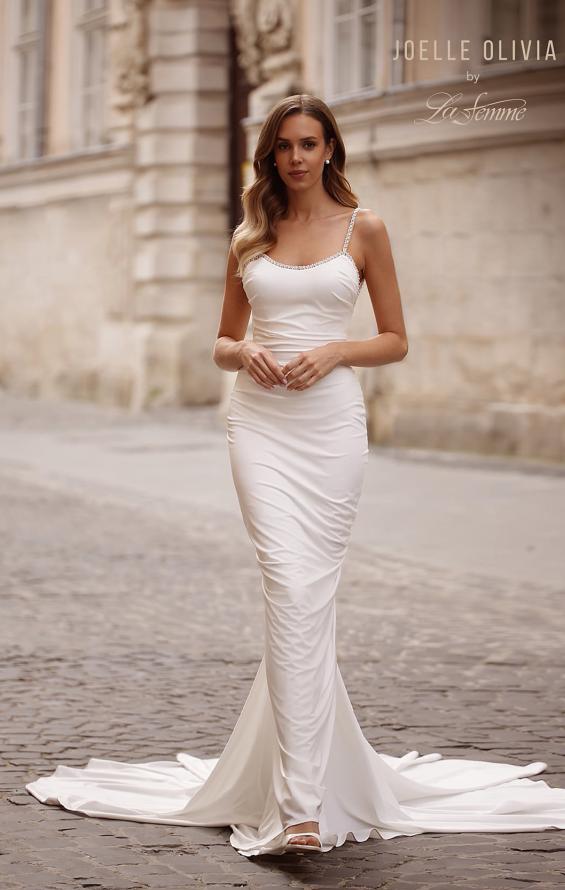 Picture of: Ruched Lux Jersey Wedding Dress with Pearl Rhinestone Neckline and Straps in Ivory, Style: J2284, Back Picture