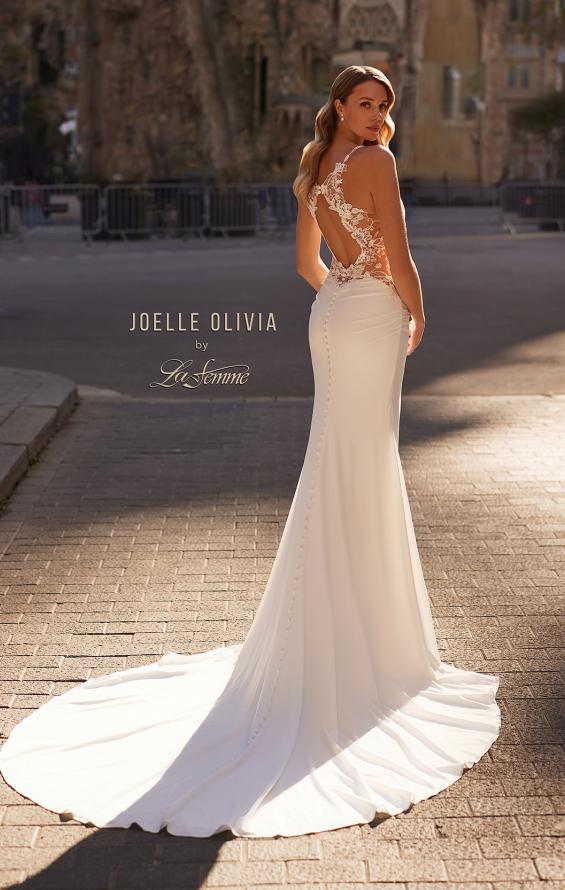 Picture of: Unique Lace and Luxe Jersey Dress with Deep V Neckline and Illusion Lace Sides in ivory, Style: J2202, Back Picture