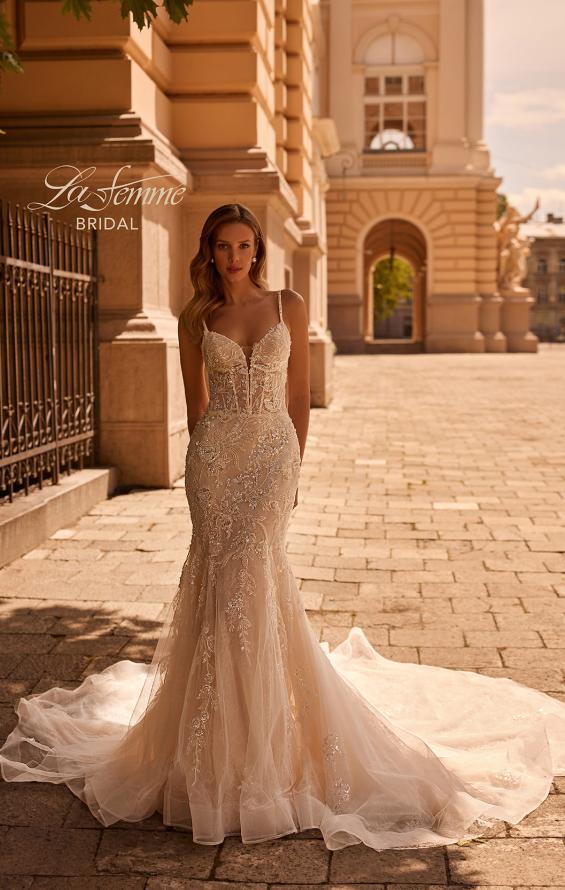 Picture of: Beaded Wedding Dress with Illusion Waist and Plunge Neckline in IIINI, Style: B1383, Main Picture