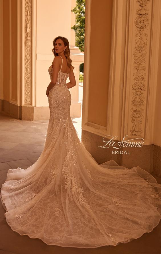 Picture of: Beaded Wedding Dress with Illusion Waist and Plunge Neckline in IIINI, Style: B1383, Back Picture