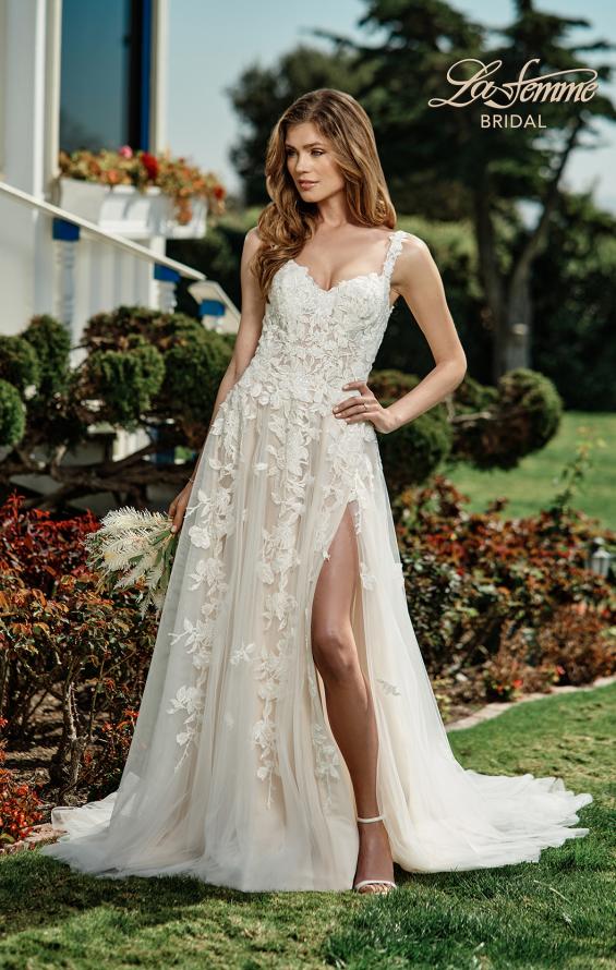 Picture of: Ornate Lace Gown with Slit and Sheer Bodice in INI, Style: B1024, Main Picture