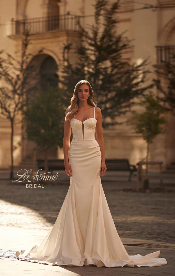 Picture of: Bold Satin Wedding Dress with Corset Bodice and Mermaid Skirt in ivory, Style: B1408, Main Picture