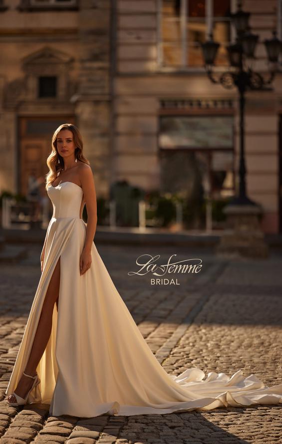 Picture of: Contemporary Satin Wedding Gown with Corset Detail Back in ivory, Style: B1406, Detail Picture 1